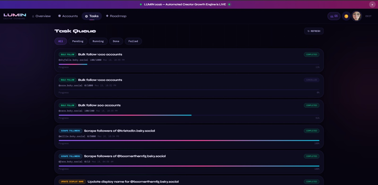 Luminmgmt automation feed — live platform actions across all social channels