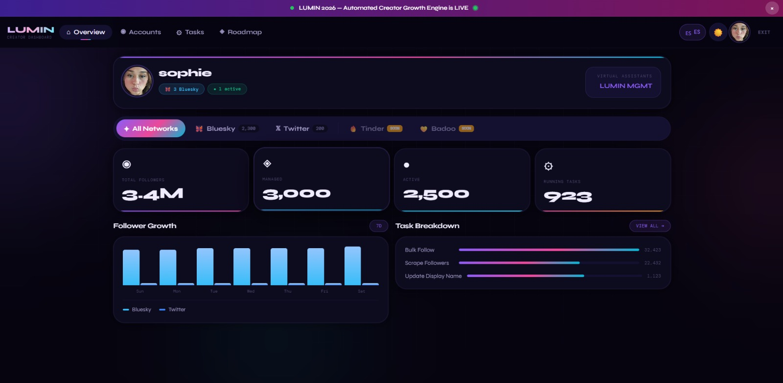 Luminmgmt creator dashboard — live automation metrics
